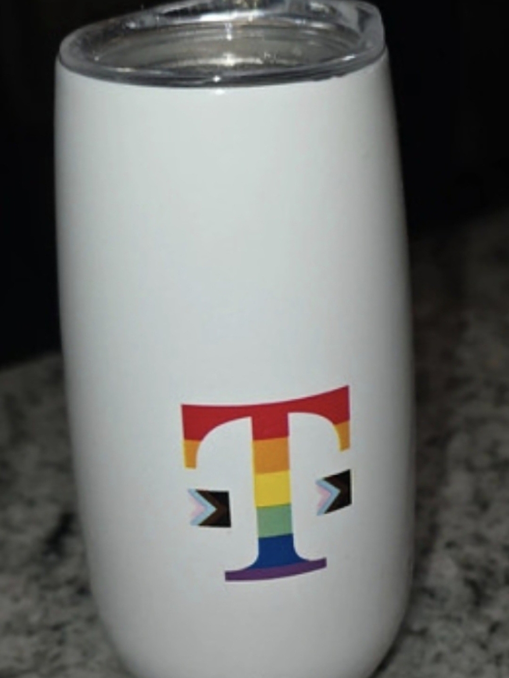 White Stainless Stemless Tumbler with Rainbow 'T' Logo